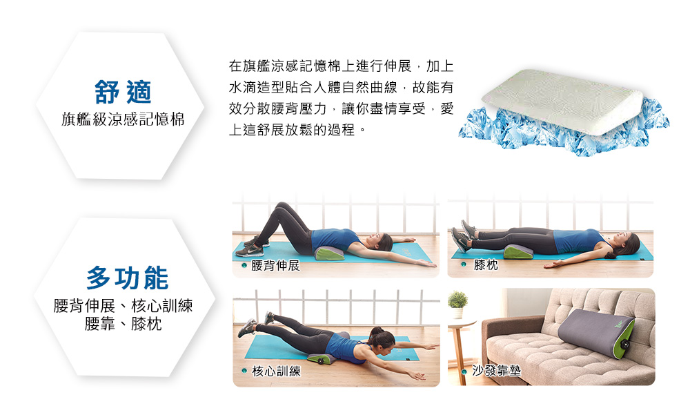 伸呼吸 枕椎墊_使用旗艦級記憶枕包覆，大大提昇伸展時的舒適度；且除了安全舒展、核心訓練外，還兼有腰靠、膝枕等多功能用途！