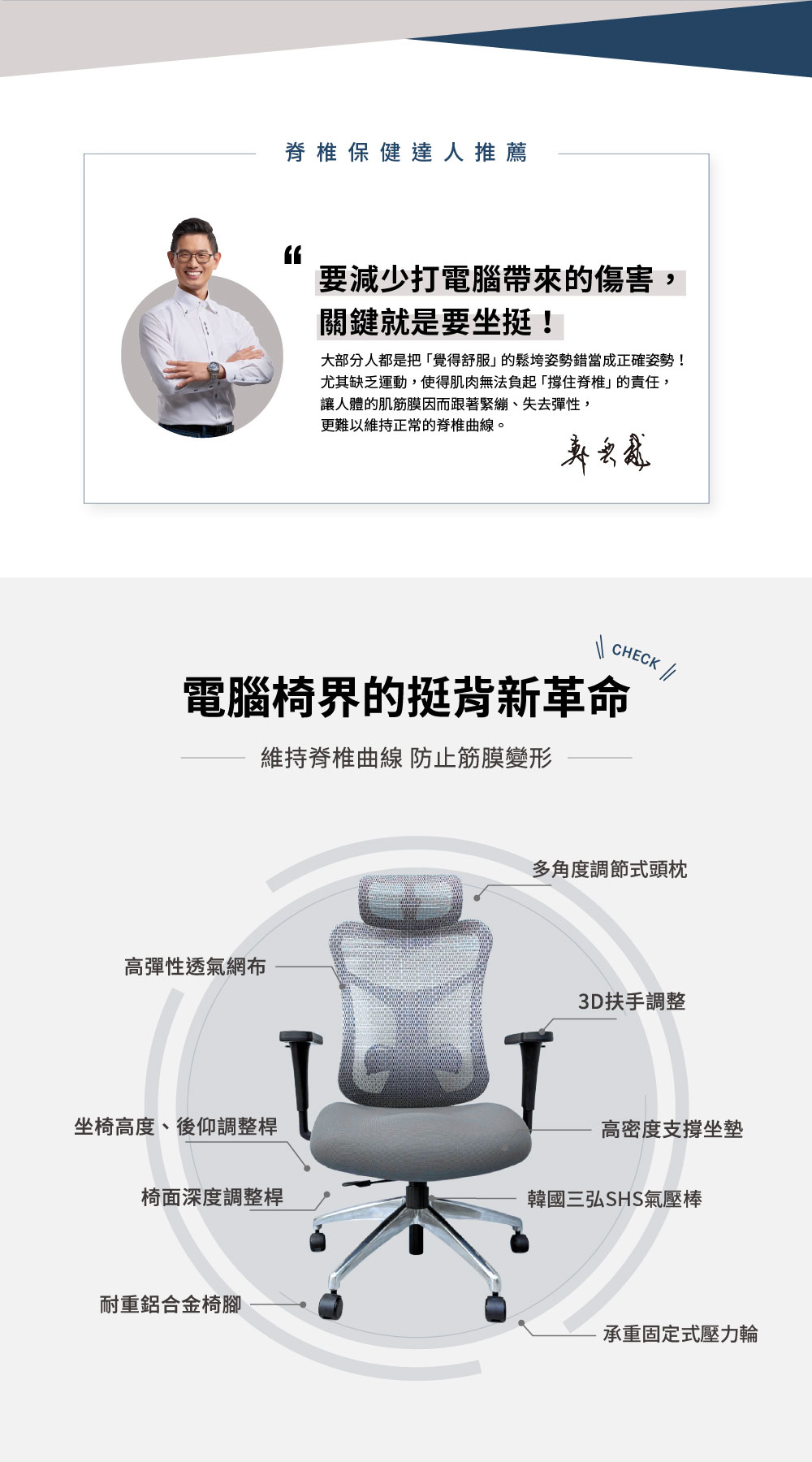 身體智慧_人體工學電腦椅高背款_脊椎保健達人鄭雲龍推薦！要減少打電腦帶來的傷害，關鍵就是要坐挺。電腦椅界的挺背新革命。
